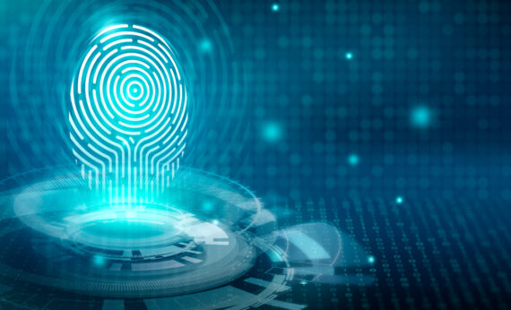 Digital Signature Fingerprint System and Finger scan authorized technology provider. Biometric access and Fingerprint verification with computer system on blue abstract background. 3D Rendering.